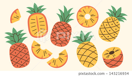 Set of abstract pineapple. Simple pineapple and slices. Tropical fruit collection. Hand drawn illustration. 143216934