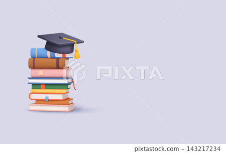 Stack of colorful books with graduation cap on top. Education, academic achievement, learning and university concept. 3D illustration isolated on soft background. Stack of colorful books with graduation cap on top. Education, academic achievement, learning and university concept. 3D illustration isolated on soft background. 143217234