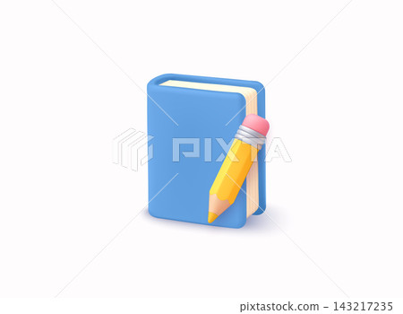 Blue book with pencil icon. Education, writing, study and knowledge concept. 3D minimal illustration isolated on light background. Blue book with pencil icon. Education, writing, study and knowledge concept. 3D minimal illustration isolated on light background. 143217235
