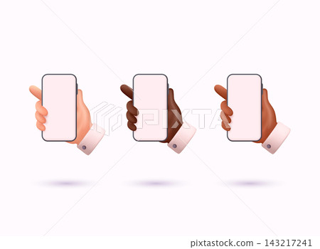 Set of hands holding smartphones with different skin tones. Diversity, communication and mobile technology concept. 3D illustration isolated on light background. 143217241