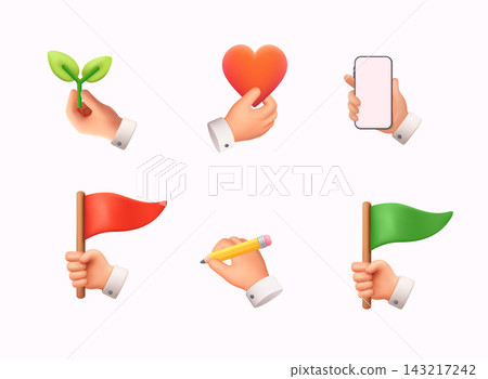 Collection of 3D hands holding red and green flags, heart symbol, plant sprout, smartphone and pencil. Communication, choice, growth and support concept isolated on light background. Collection of 3D hands holding red and green flags, heart symbol, plant sprout, smartphone and pencil. Communication, choice, growth and support concept isolated on light background. 143217242