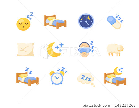 Adorable flat vector sleep and night themed icons including moon, stars, bed, pillow, alarm clock and dreamy elements. Adorable flat vector sleep and night themed icons including moon, stars, bed, pillow, alarm clock and dreamy elements. 143217263