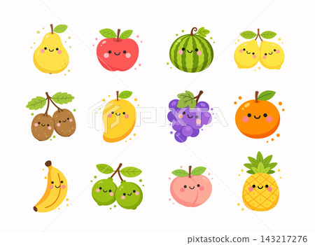 Adorable flat vector collection of smiling kawaii fruits including apple, pear, watermelon, lemon, kiwi, mango, grapes, orange, banana, guava, peach and pineapple isolated on light background. Adorable flat vector collection of smiling kawaii fruits including apple, pear, watermelon, lemon, kiwi, mango, grapes, orange, banana, guava, peach and pineapple isolated on light background. 143217276