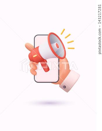 3D illustration of hand holding smartphone with megaphone, digital marketing and online promotion concept isolated on soft background. 3D illustration of hand holding smartphone with megaphone, digital marketing and online promotion concept isolated on soft background. 143217281