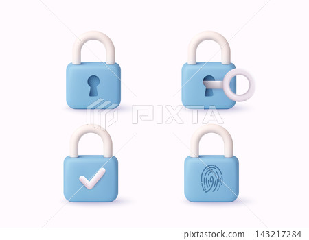 Set of blue 3D padlock icons with keyhole, inserted key, check mark and fingerprint symbol representing cybersecurity and secure access isolated on light background. Set of blue 3D padlock icons with keyhole, inserted key, check mark and fingerprint symbol representing cybersecurity and secure access isolated on light background. 143217284