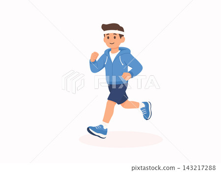 Flat vector illustration of man jogging in sportswear and sneakers, healthy lifestyle and fitness concept isolated on light background. 143217288