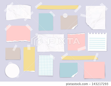 Collection of torn paper notes, sticky notes and adhesive tape elements for scrapbook or planner design isolated on pastel background. 143217293