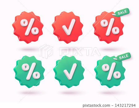 3D discount badge icons with percent sign, check mark and sale tag in red and green colors isolated on light background. 3D discount badge icons with percent sign, check mark and sale tag in red and green colors isolated on light background. 143217294