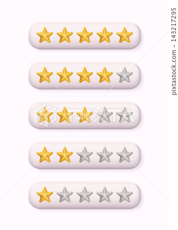 3D star rating bars with different levels from one to five stars, customer review and feedback concept isolated on pastel background. 143217295