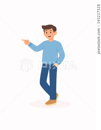 Flat style illustration of young man pointing to the side, indicating direction, choice or highlighting information isolated on light background. Flat style illustration of young man pointing to the side, indicating direction, choice or highlighting information isolated on light background. 143217328
