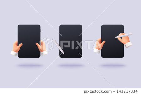 3D illustration set of hands interacting with tablet using stylus. Concept of digital interaction, mobile devices, UX UI and technology usage. 3D illustration set of hands interacting with tablet using stylus. Concept of digital interaction, mobile devices, UX UI and technology usage. 143217334