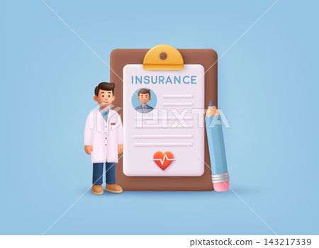 3D illustration of doctor standing near insurance clipboard with health data. Concept of healthcare insurance, medical services and patient protection. 3D illustration of doctor standing near insurance clipboard with health data. Concept of healthcare insurance, medical services and patient protection. 143217339