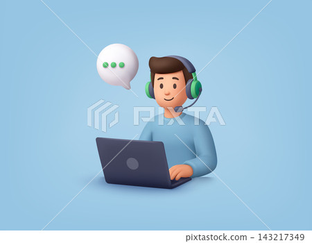 3D illustration of a support operator with headset providing customer service via laptop, online communication, chat assistance, and technical support concept. 3D illustration of a support operator with headset providing customer service via laptop, online communication, chat assistance, and technical support concept. 143217349