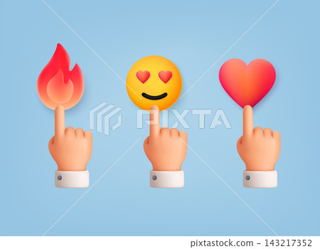 3D illustration of hand pressing emoji reactions including like, love, and fire icons, representing user engagement, feedback, social media interaction, and digital communication. 3D illustration of hand pressing emoji reactions including like, love, and fire icons, representing user engagement, feedback, social media interaction, and digital communication. 143217352