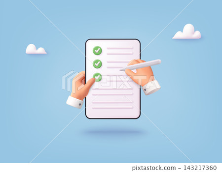 3D illustration of hands marking completed checklist on tablet, representing task management, productivity, workflow, and digital form completion concept. 3D illustration of hands marking completed checklist on tablet, representing task management, productivity, workflow, and digital form completion concept. 143217360
