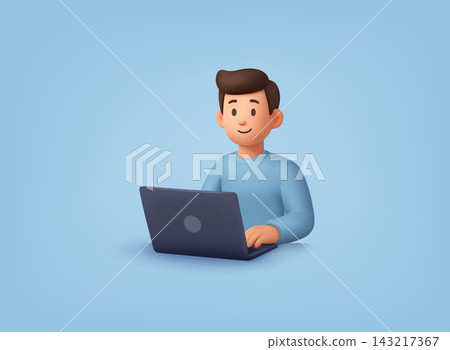 3D illustration of a man using laptop for remote work, online business, freelance activity, and digital productivity concept. 143217367