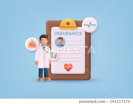 3D illustration of healthcare insurance concept with doctor character, medical policy clipboard and health icons, representing medical coverage and protection. 3D illustration of healthcare insurance concept with doctor character, medical policy clipboard and health icons, representing medical coverage and protection. 143217374