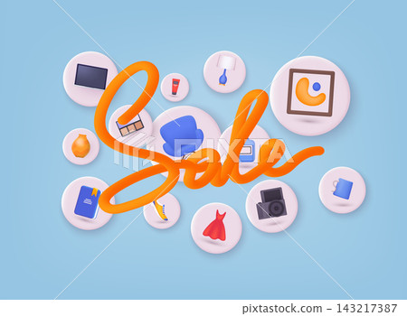 3D illustration of sale concept with shopping items, discount promotion and retail marketing elements. 143217387