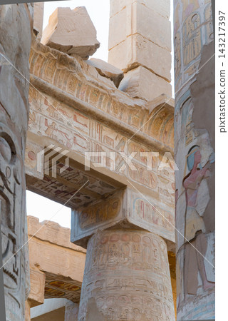 Colored paintings at Karnak temple, very well preserved. Egypt Colored paintings at Karnak temple, very well preserved. Egypt 143217397