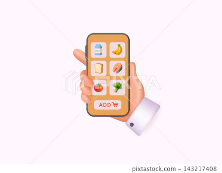 Smartphone with grocery products selection screen in modern 3D illustration style. Online supermarket and food delivery application concept. Smartphone with grocery products selection screen in modern 3D illustration style. Online supermarket and food delivery application concept. 143217408