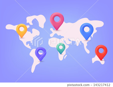 Abstract world map with colorful location markers in modern 3D style. Global navigation and international tracking concept. Abstract world map with colorful location markers in modern 3D style. Global navigation and international tracking concept. 143217412