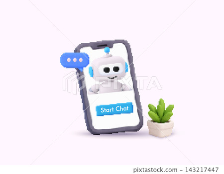 Voxel Style AI chatbot on smartphone with start chat button, messaging bubble and mobile app interface. Modern artificial intelligence virtual assistant concept for customer support, online Voxel Style AI chatbot on smartphone with start chat button, messaging bubble and mobile app interface. Modern artificial intelligence virtual assistant concept for customer support, online 143217447