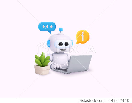 Voxel Style AI assistant robot working on laptop with information icons and messaging bubbles. Artificial intelligence concept for customer support, productivity, business automation, online Voxel Style AI assistant robot working on laptop with information icons and messaging bubbles. Artificial intelligence concept for customer support, productivity, business automation, online 143217448
