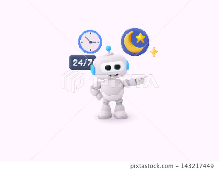 Voxel Style AI customer support robot with 24/7 availability, clock and night service icons. Artificial intelligence chatbot for around-the-clock customer service, automated assistance and technical Voxel Style AI customer support robot with 24/7 availability, clock and night service icons. Artificial intelligence chatbot for around-the-clock customer service, automated assistance and technical 143217449