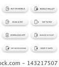 Mobile button set with smartphone shopping, wallet, scan payment, contactless tap, app download, account management, notifications, and security icons in minimalist UI style. 143217507