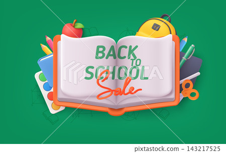 Back to School Sale with Open Book and School Supplies Back to School Sale with Open Book and School Supplies 143217525