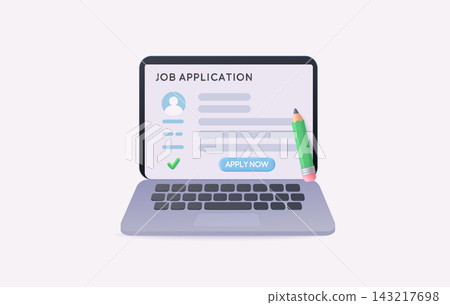 Online Job Application Form on Laptop Screen with Apply Now Button and Pencil for Digital Recruitment, Career Search and Employment Concept 143217698
