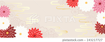 日式背景插圖，以鮮豔的菊花和植物圖案為特色。 143217727
