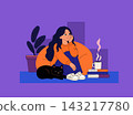 Cozy Woman Relaxing at Home with Cat Coffee and Books 143217780