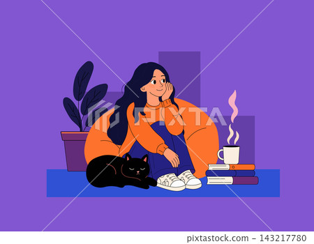 Cozy Woman Relaxing at Home with Cat Coffee and Books 143217780