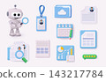3D hiring and recruitment icon set with AI robot, employee badge, resume, calendar, analytics, rating and candidate search elements. 143217784