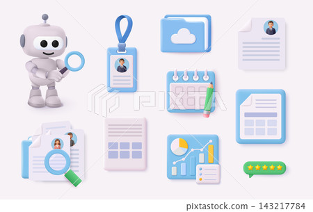 3D hiring and recruitment icon set with AI robot, employee badge, resume, calendar, analytics, rating and candidate search elements. 3D hiring and recruitment icon set with AI robot, employee badge, resume, calendar, analytics, rating and candidate search elements. 143217784