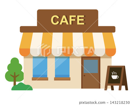 An illustration of the exterior of a stylish cafe with a striped awning and sign. An illustration of the exterior of a stylish cafe with a striped awning and sign. 143218230