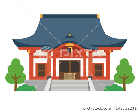 一幅描繪日本傳統神社建築和樹木的簡單插圖。 一幅描繪日本傳統神社建築和樹木的簡單插圖。 143218231