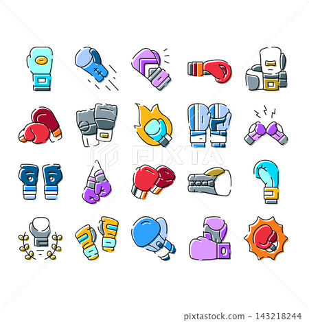 Boxing gloves fighting and training icons set Boxing gloves fighting and training icons set 143218244