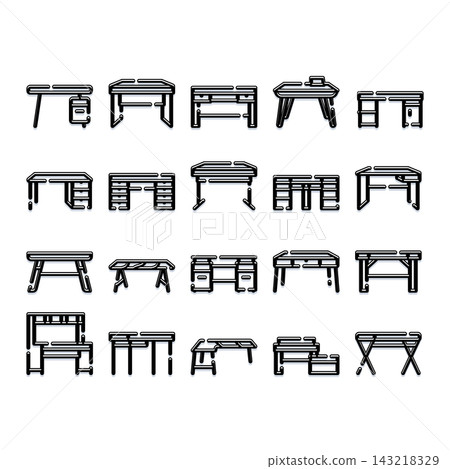Desktop computer and office desk line icon set Desktop computer and office desk line icon set 143218329