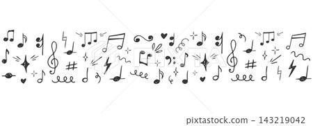 Music notes border, doodles with notes and melodies pattern decoration. Crayon or chalk hand drawn ornament. Comic sketches, vintage stickers, and playful musical symbols. Music notes border, doodles with notes and melodies pattern decoration. Crayon or chalk hand drawn ornament. Comic sketches, vintage stickers, and playful musical symbols. 143219042