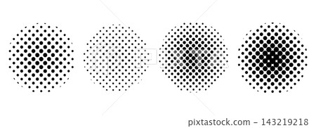 Pop art halftone circle set with radial dot pattern creating dynamic gradient effect and retro comic, pop art texture in black and white tones. Vintage geometric radial design. 143219218