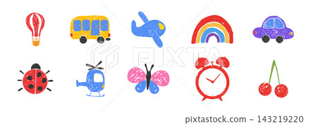 Scribble chalk set childlike elements, crayon pencil kindergarten doodle icons. Bug, star and moon, flowers, games in sketch style Scribble chalk set childlike elements, crayon pencil kindergarten doodle icons. Bug, star and moon, flowers, games in sketch style 143219220