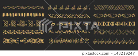 Tribal golden border set with African motifs crayon scribbles geometric patterns on dark background. Polynesian lines and ancient wave designs for ethnic decor projects. Tribal golden border set with African motifs crayon scribbles geometric patterns on dark background. Polynesian lines and ancient wave designs for ethnic decor projects. 143219247
