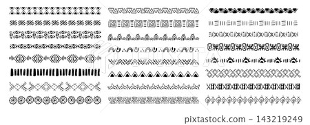 Tribal border set with African motifs crayon scribbles geometric patterns. Polynesian lines and ancient wave designs for ethnic decor projects. Tribal border set with African motifs crayon scribbles geometric patterns. Polynesian lines and ancient wave designs for ethnic decor projects. 143219249