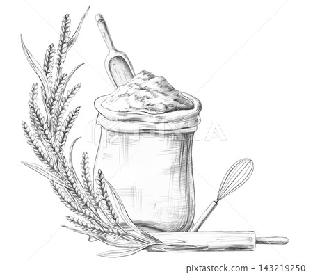 Pencil drawing of a sack of flour and a baker's peel against a background of wheat ears. An isolated illustration for decorating bakeries, cafes, kitchen textiles, menus, and culinary blogs. Pencil drawing of a sack of flour and a baker's peel against a background of wheat ears. An isolated illustration for decorating bakeries, cafes, kitchen textiles, menus, and culinary blogs. 143219250
