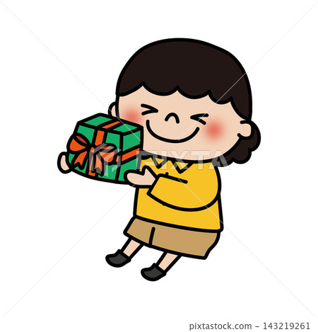 A fluffy, curly-haired girl receives a present. A fluffy, curly-haired girl receives a present. 143219261