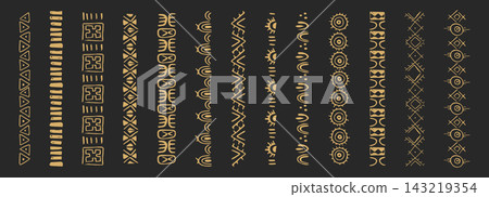 Tribal golden border set with African motifs crayon scribbles geometric patterns on dark background. Polynesian lines and ancient wave designs for ethnic decor projects. Tribal golden border set with African motifs crayon scribbles geometric patterns on dark background. Polynesian lines and ancient wave designs for ethnic decor projects. 143219354