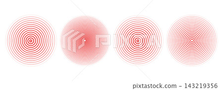 Concentric sonar circles red dynamic sound wave patterns with radial pulses spreading outward in ultrasonic ripple motion set. Halftone patterns creating dynamic sonar effects and geometric vibration Concentric sonar circles red dynamic sound wave patterns with radial pulses spreading outward in ultrasonic ripple motion set. Halftone patterns creating dynamic sonar effects and geometric vibration 143219356