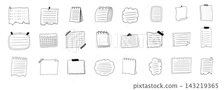 Memo sticky notes, set paper reminder. Doodle pages with tape, marks, pin, paperclip frames doodle style. Notebook bullet dairy list, funny retro drawing. Memo sticky notes, set paper reminder. Doodle pages with tape, marks, pin, paperclip frames doodle style. Notebook bullet dairy list, funny retro drawing. 143219365